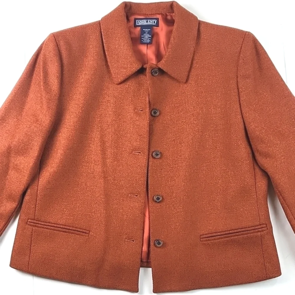 Lands End 100% Wool Tweed Burnt Orange Button Front Jacket Blazer
